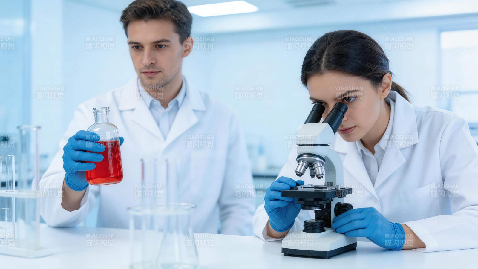 实验室中科研人员进行显微观察与试剂分析图片