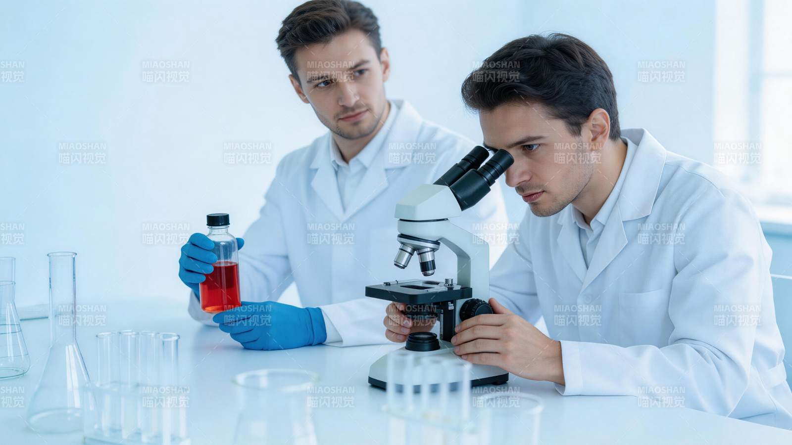 两位科研人员在实验室进行显微观察与样本分图片