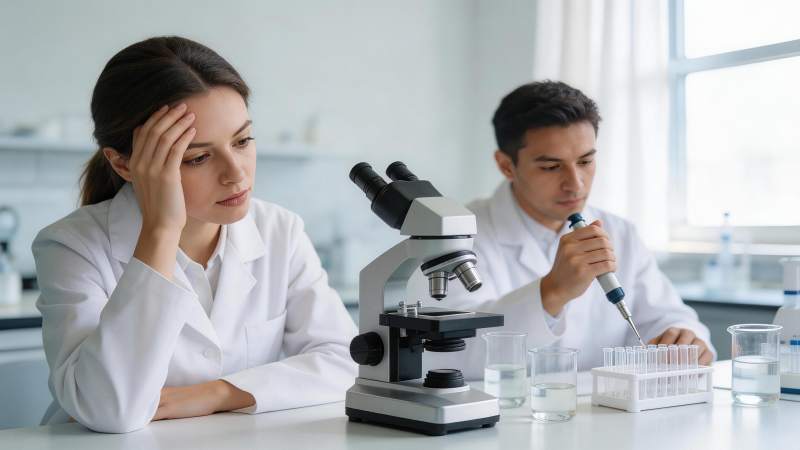 实验室中两位科研人员进行显微观察与移液操图片