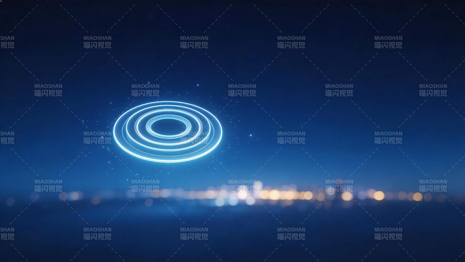 蓝色光圈悬浮于夜色城市上空图片