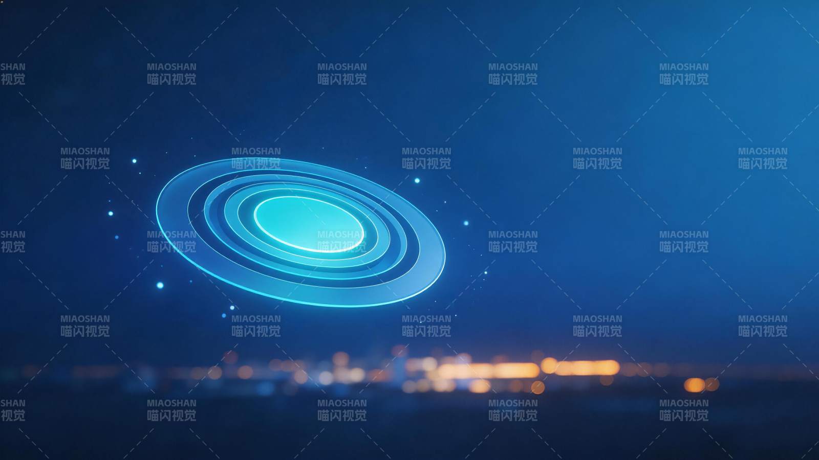 蓝色发光环形结构悬浮于夜空城市上空图片