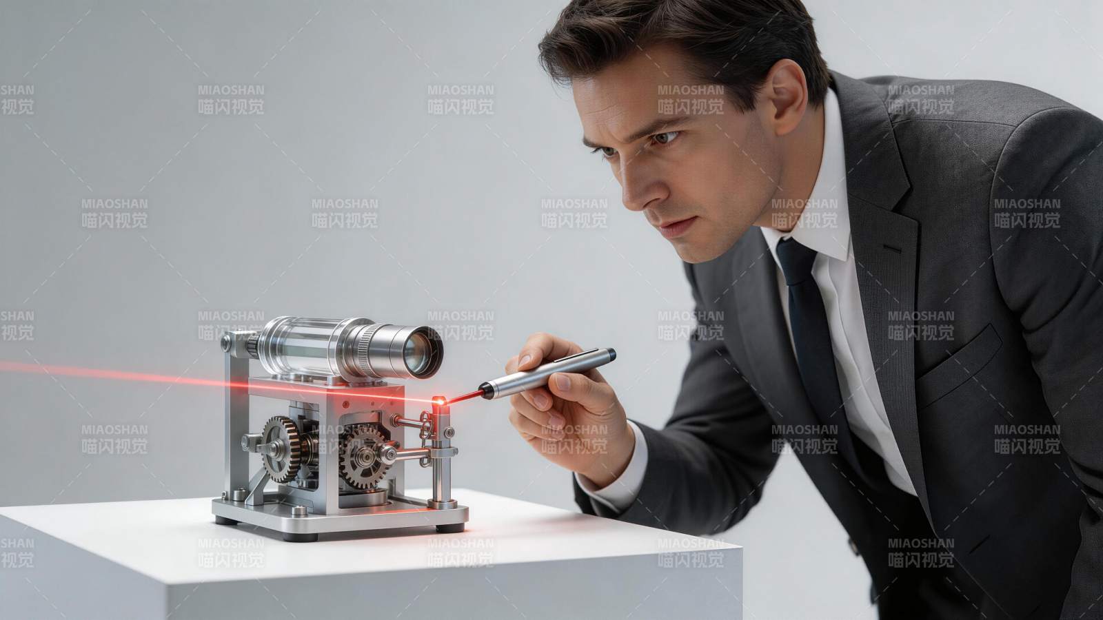 男子手持激光笔照射精密机械装置图片