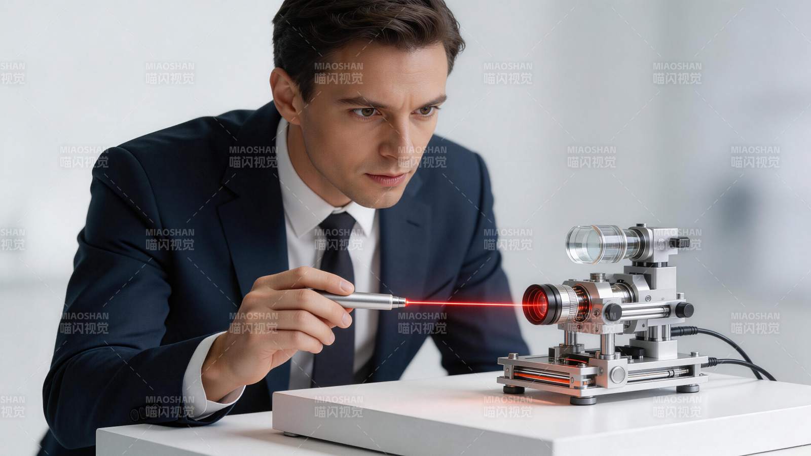 男子手持激光笔照射光学实验设备图片