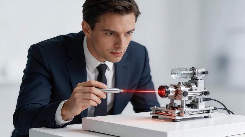 男子手持激光笔照射光学实验设备图片