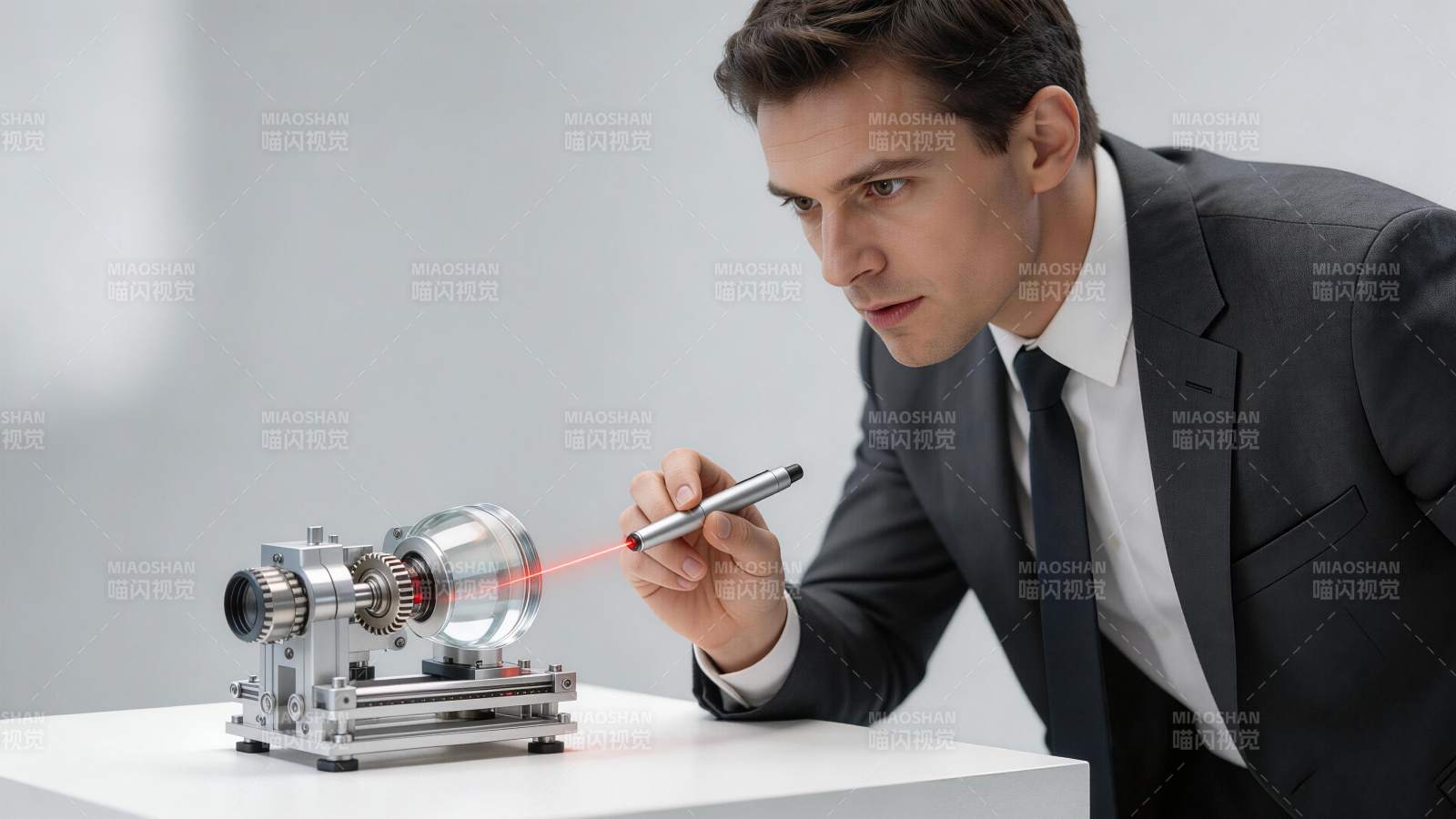 男子手持激光笔照射光学实验装置图片