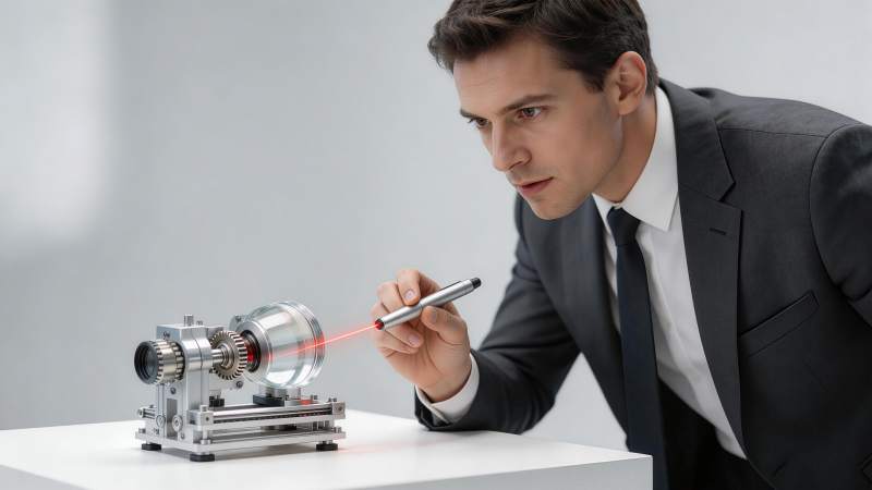 男子手持激光笔照射光学实验装置图片