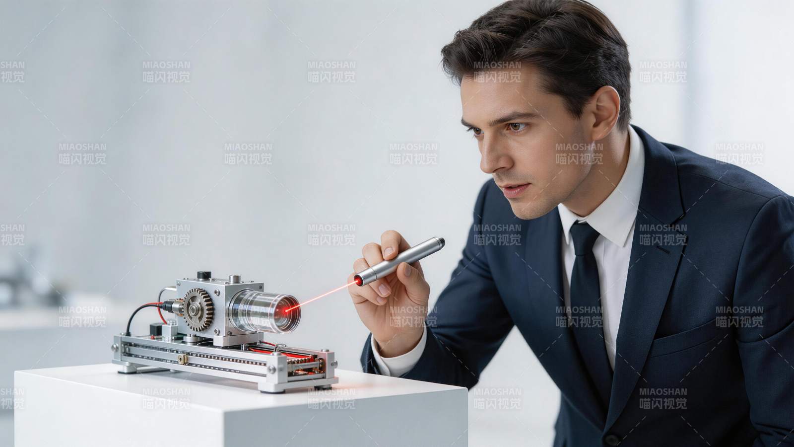 男子手持激光笔照射精密光学仪器设备图片