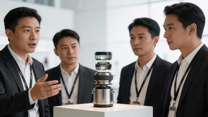 四位男士围绕展示台上的镜头组件进行讲解图片