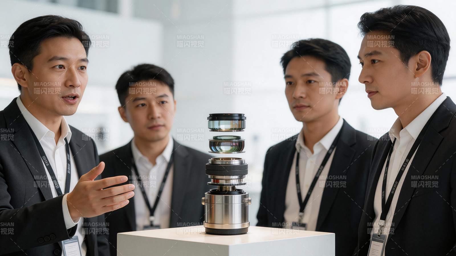 四位男士围绕展示台上的镜头组件进行讲解图片