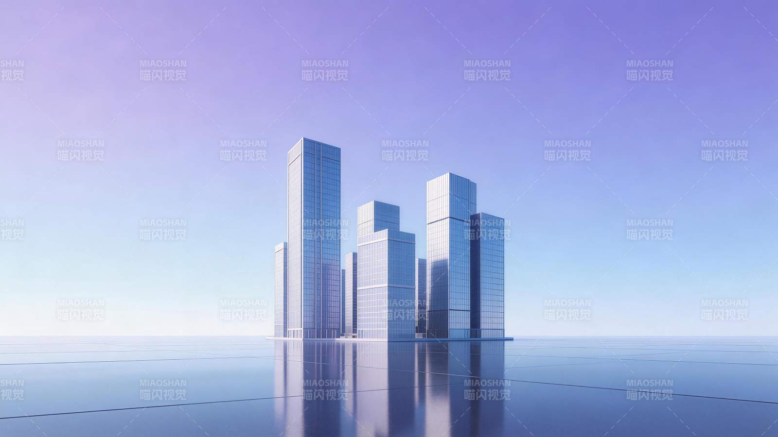 现代玻璃幕墙高楼群矗立于镜面水面之上图片