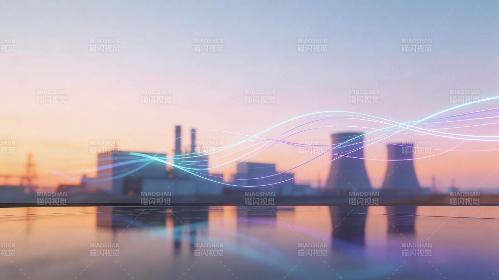 核电站冷却塔与光流线条构成的工业景观图片