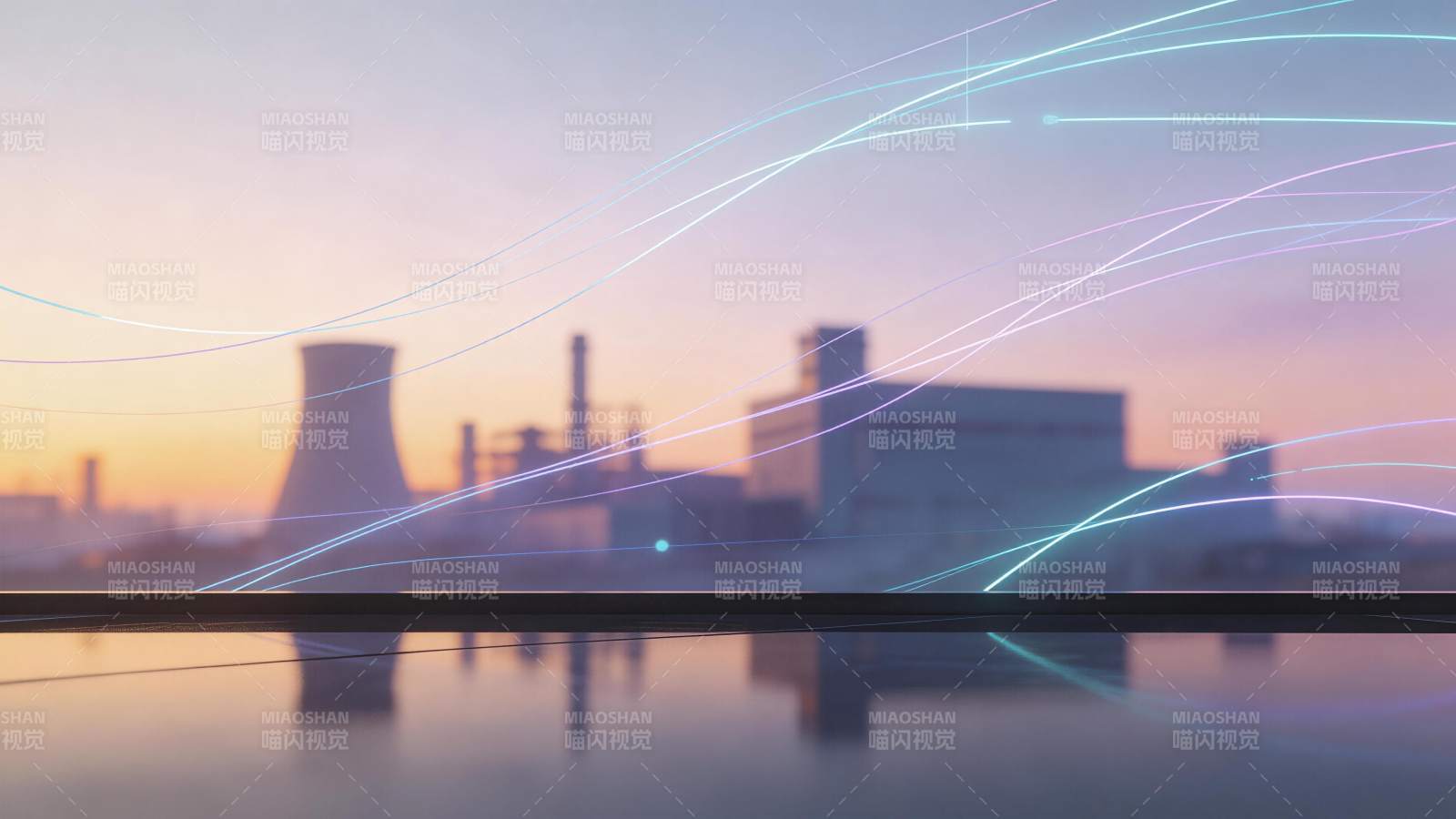 工业厂区黄昏景象与发光线条叠加效果图片