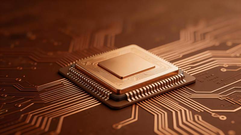 金色中央处理器芯片置于电路板之上图片