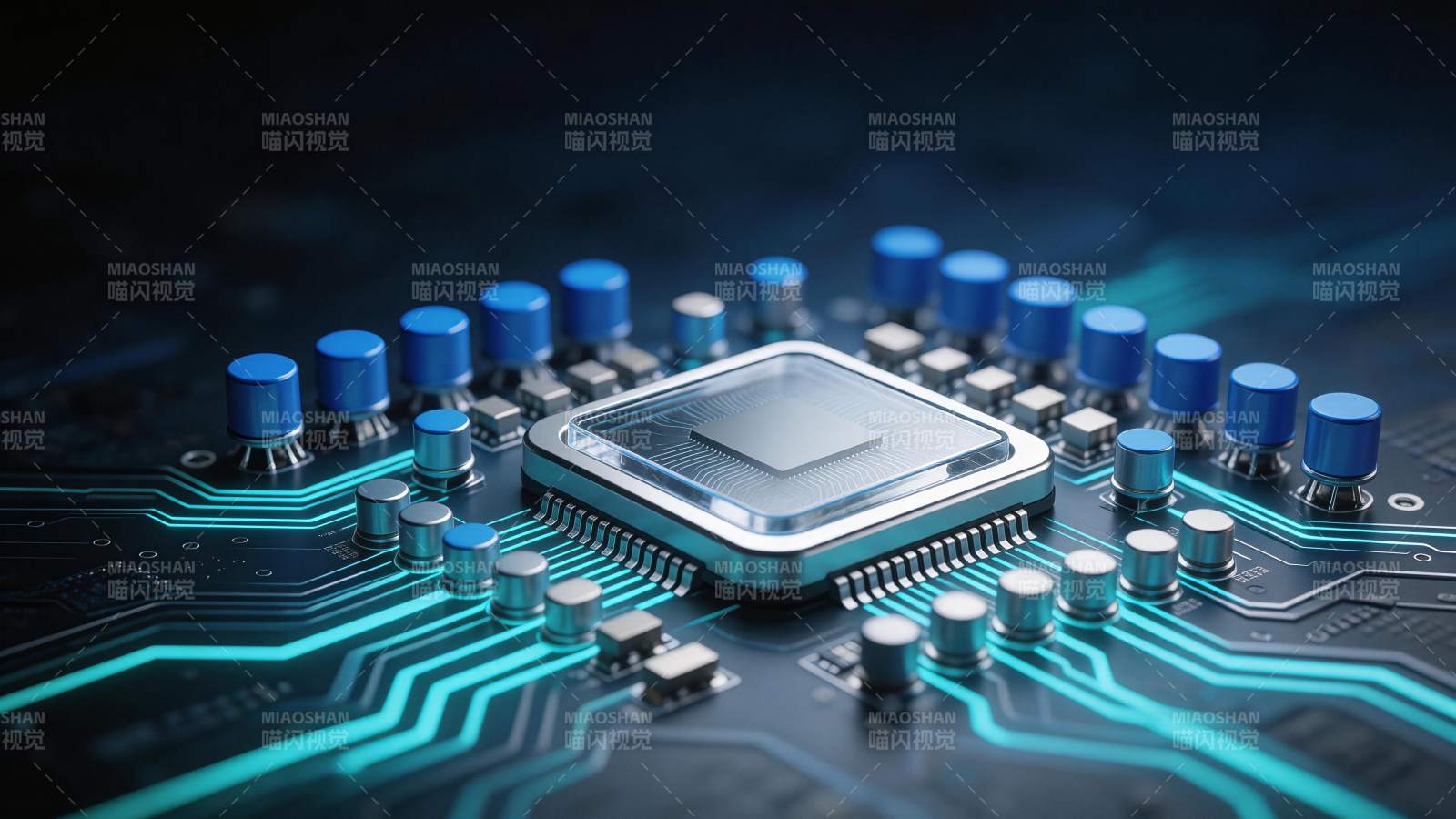 蓝色芯片与发光电路板特写展示图片