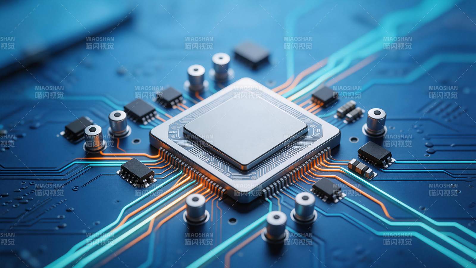 蓝色电路板上的中央处理器与电子元件特写图片