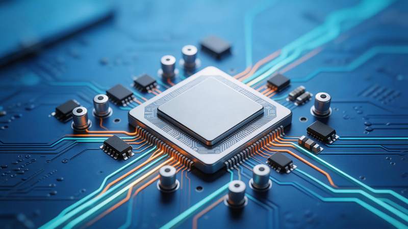 蓝色电路板上的中央处理器与电子元件特写图片