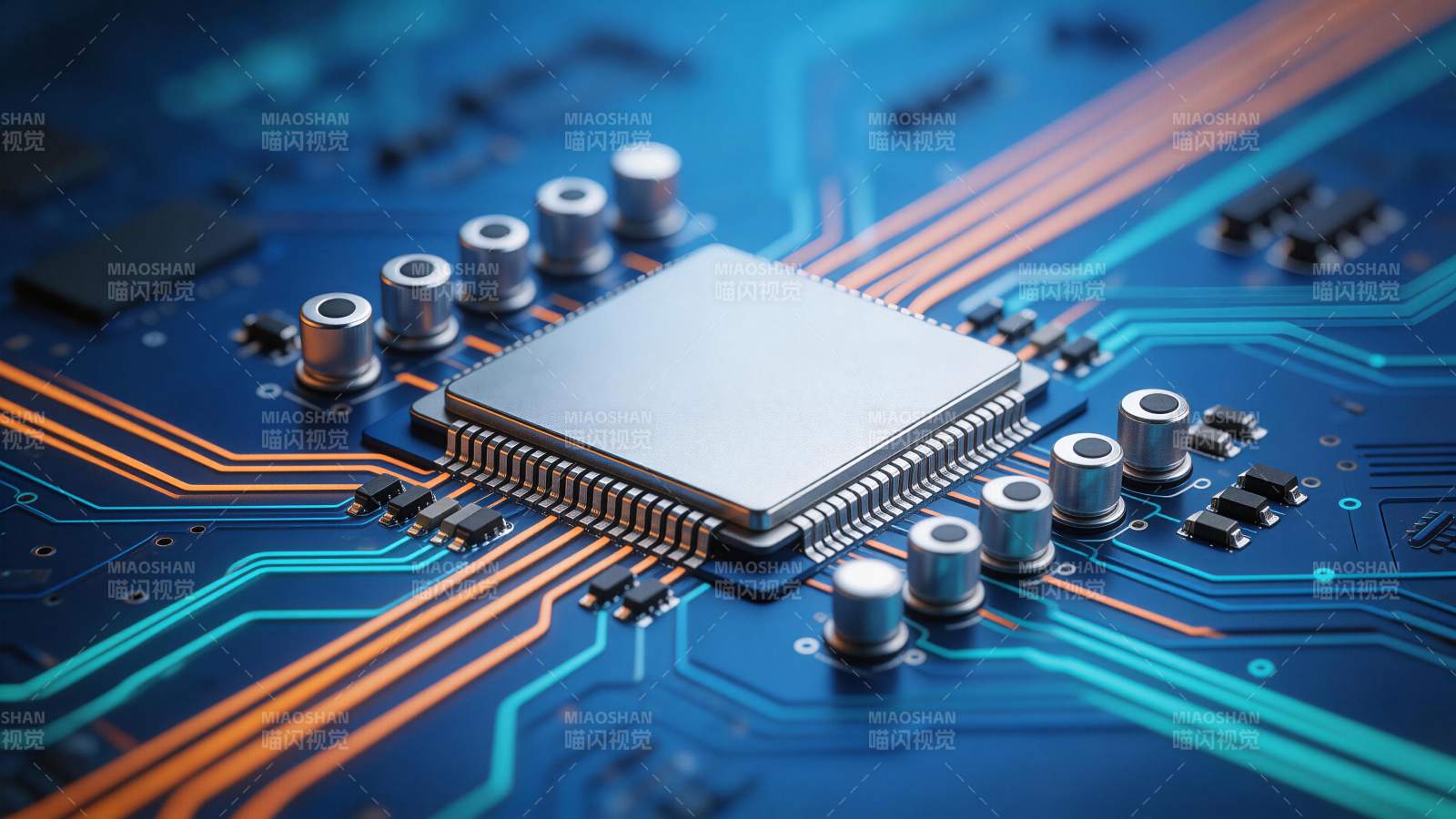 蓝色电路板上集成芯片与电子元件特写图片