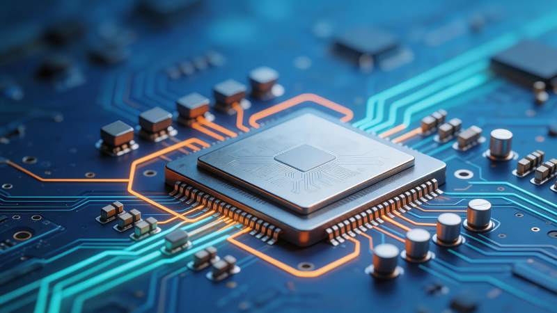 蓝色电路板上发光芯片与电子元件特写图片