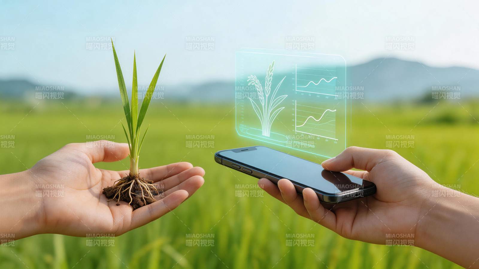 手持幼苗与手机显示农业数据全息图图片
