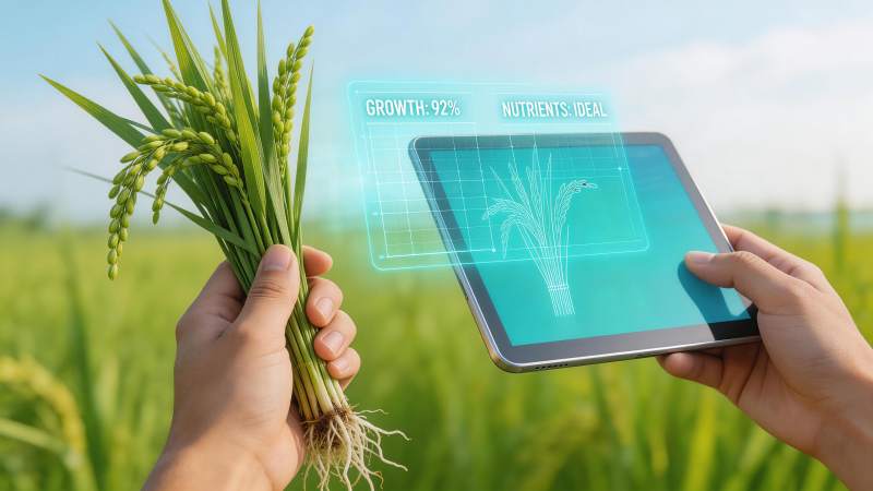手持稻穗与平板显示农业数据监测界面图片
