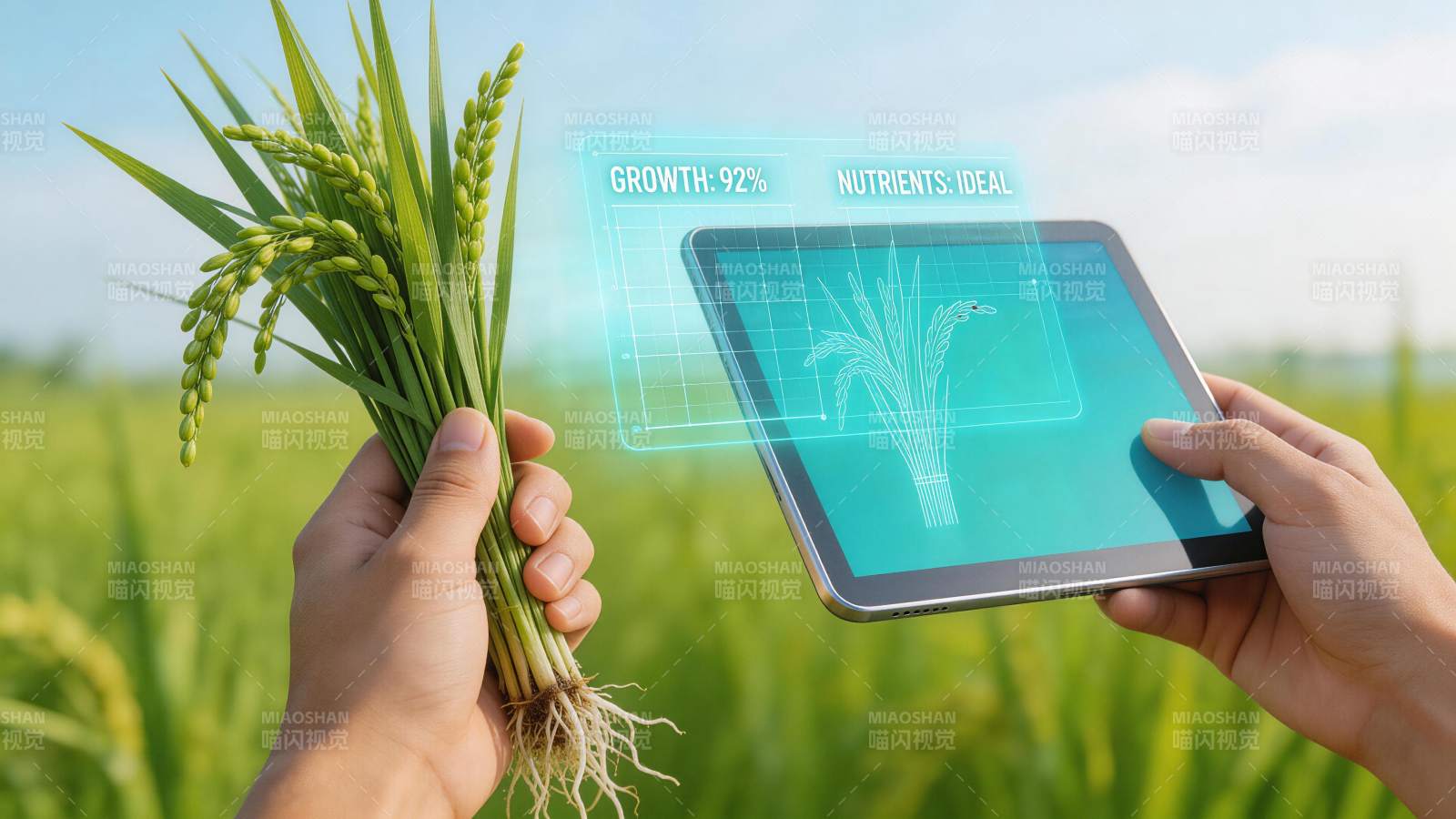 手持稻穗与平板显示农业数据监测界面图片