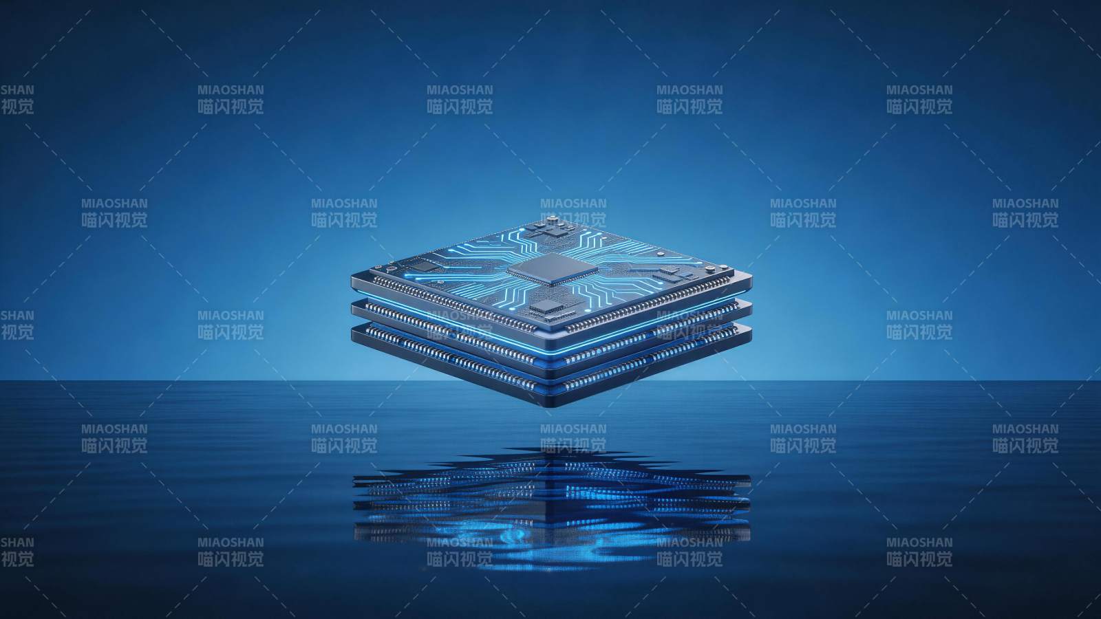 蓝色光效集成电路芯片悬浮于水面反射场景图片