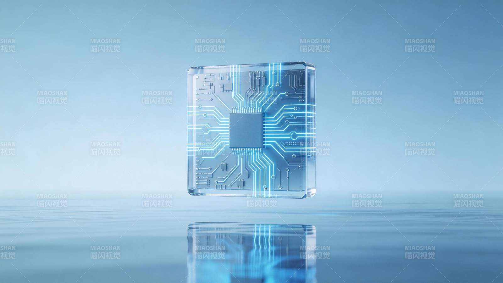 透明立方体芯片电路发光悬浮水面图片