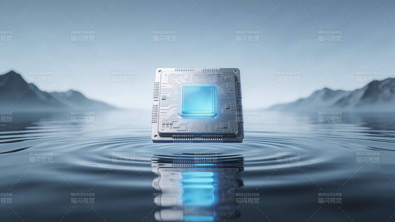 发光芯片悬浮水面产生涟漪反射图片