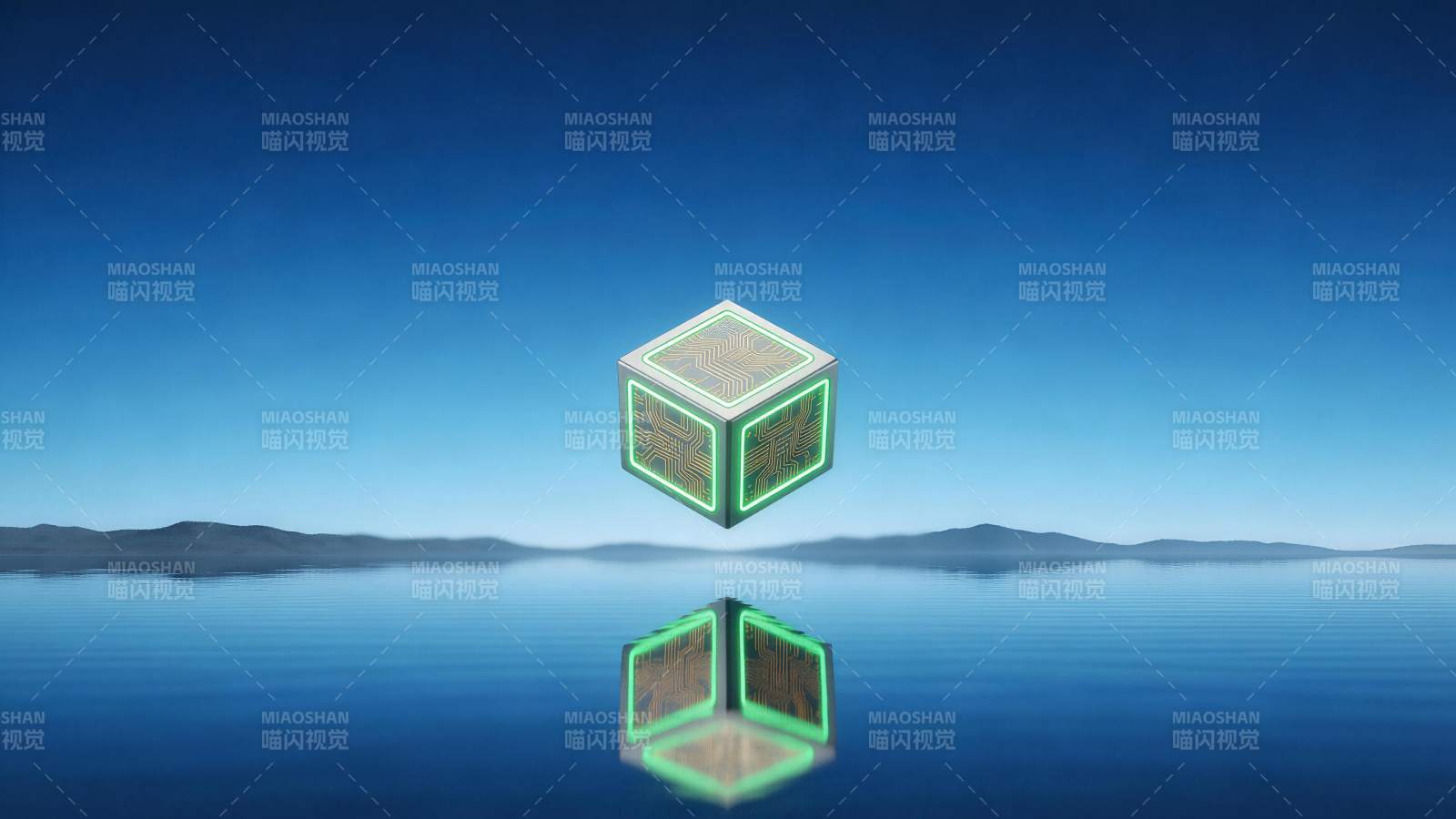 悬浮电路立方体与水面倒影科技场景图片
