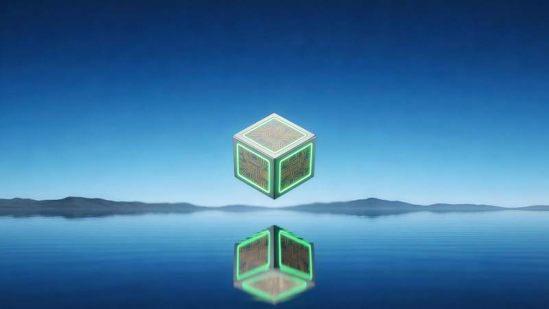 悬浮电路立方体与水面倒影科技场景图片