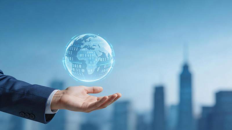 商务人士托举数字地球全息投影图片