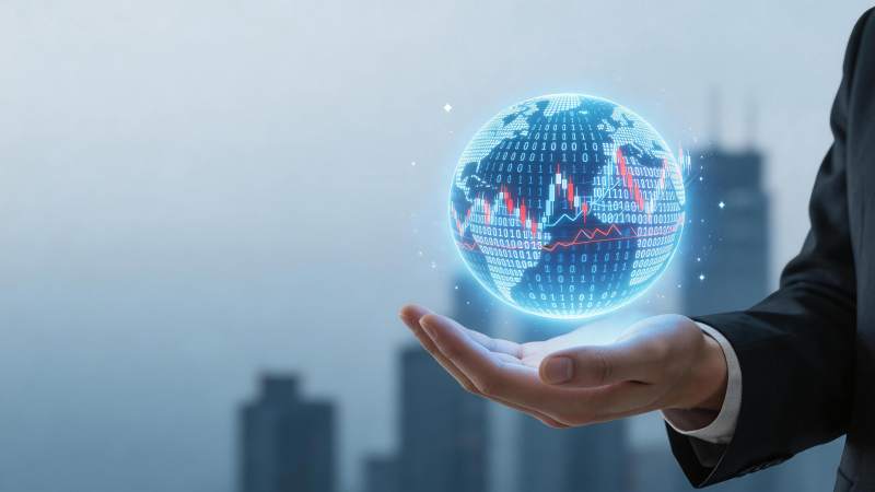商务人士托举数字地球显示数据图表图片