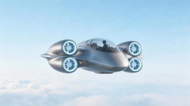 银色飞行器载人悬浮于云层之上图片