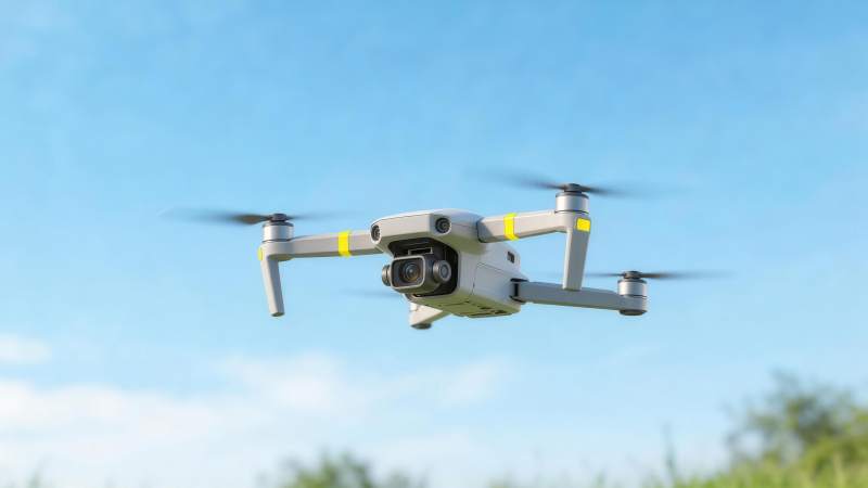 灰色四轴无人机空中飞行带摄像装置图片