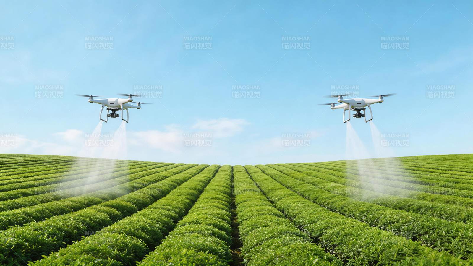 两架无人机在茶园上空喷洒作业图片