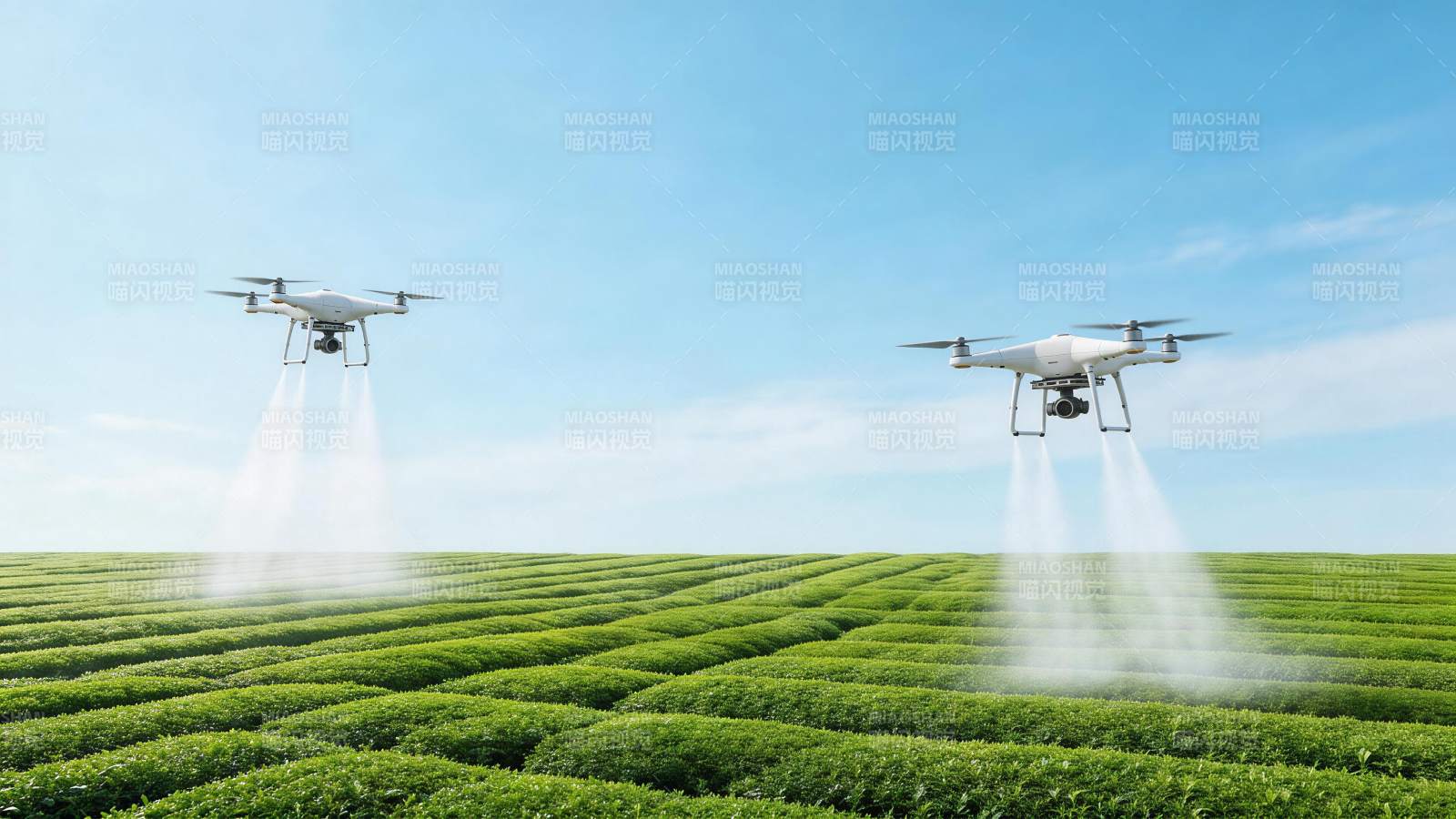 两架无人机在茶园上空喷洒作业图片