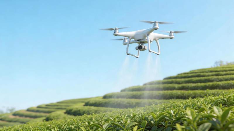 白色无人机在茶园上空喷洒作业图片