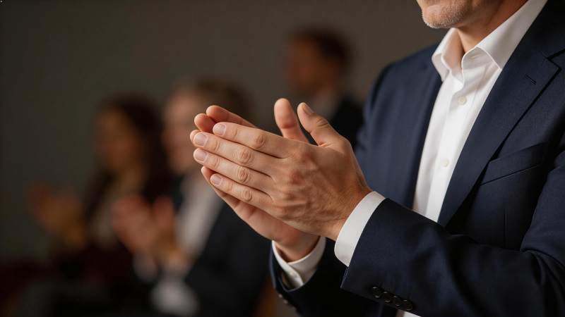 西装男子双手鼓掌特写场景图片