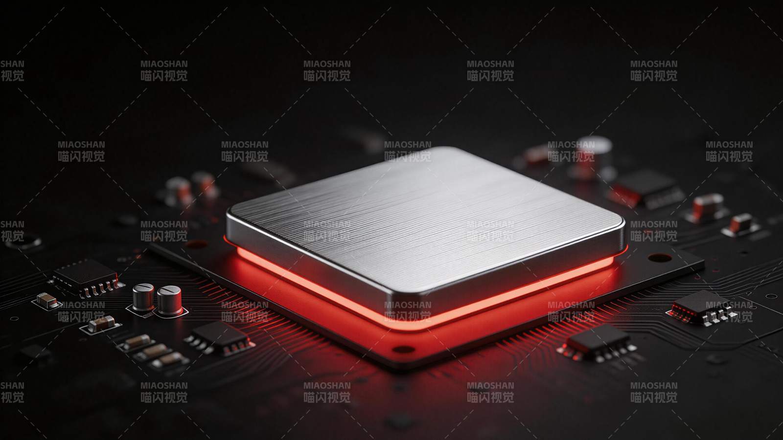 发光红色光效的金属芯片置于电路板上图片