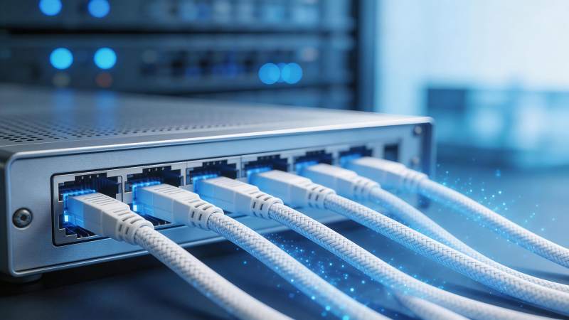 服务器机柜前多根网线接入交换机端口图片