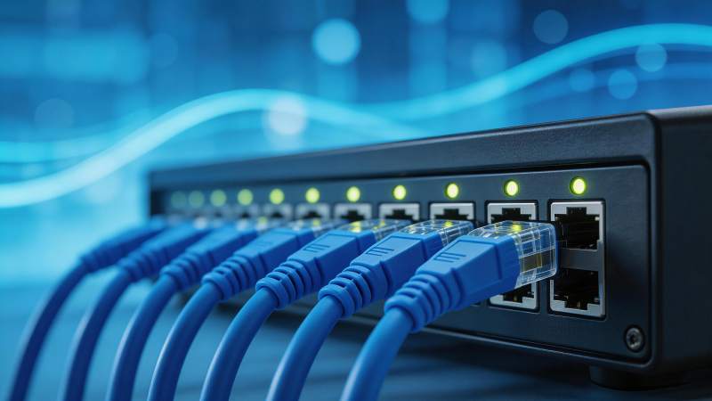 蓝色网线接入网络交换机端口特写图片