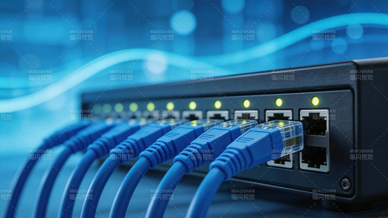 蓝色网线接入网络交换机端口特写图片