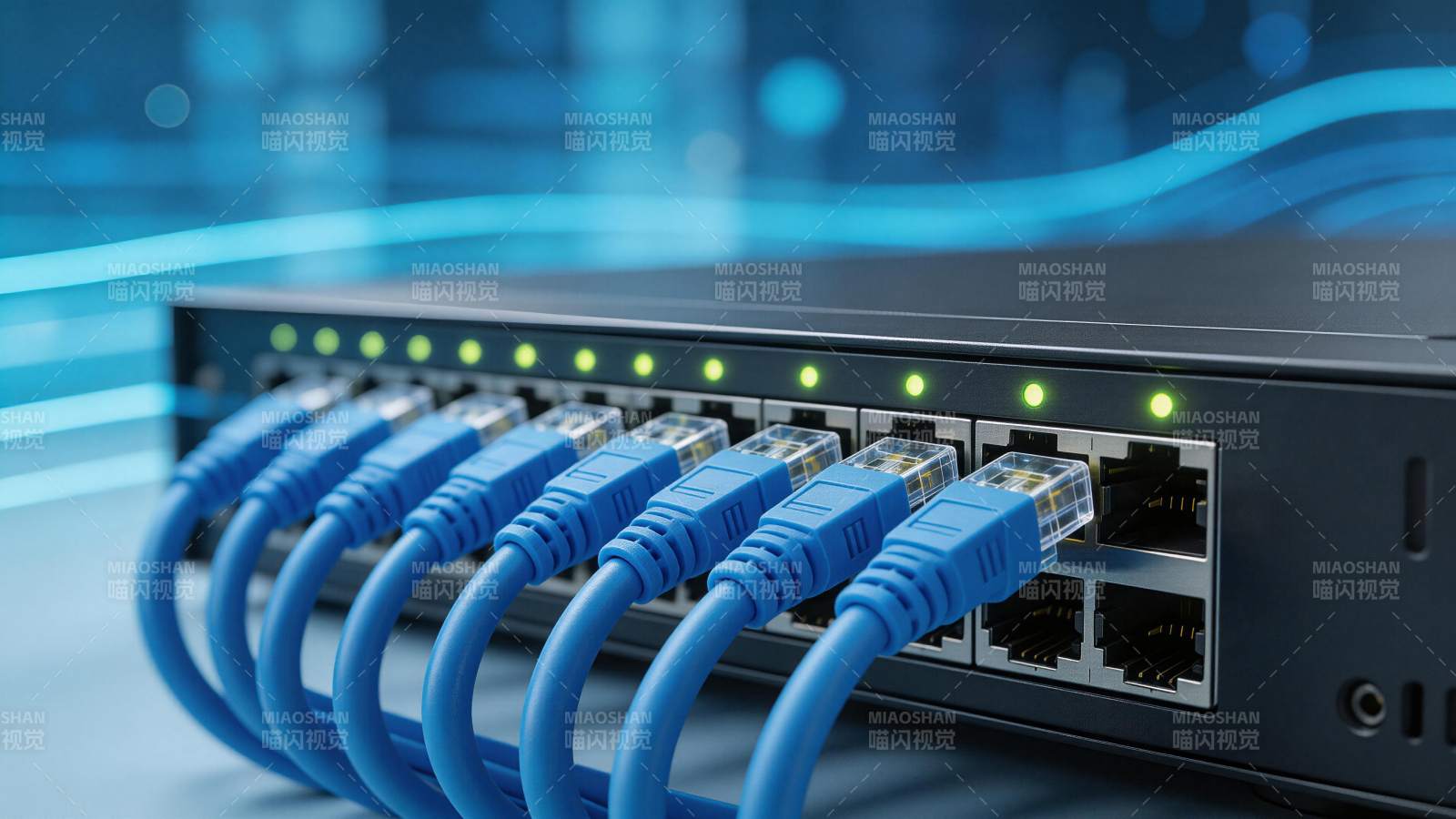 蓝色网线接入网络交换机端口特写图片