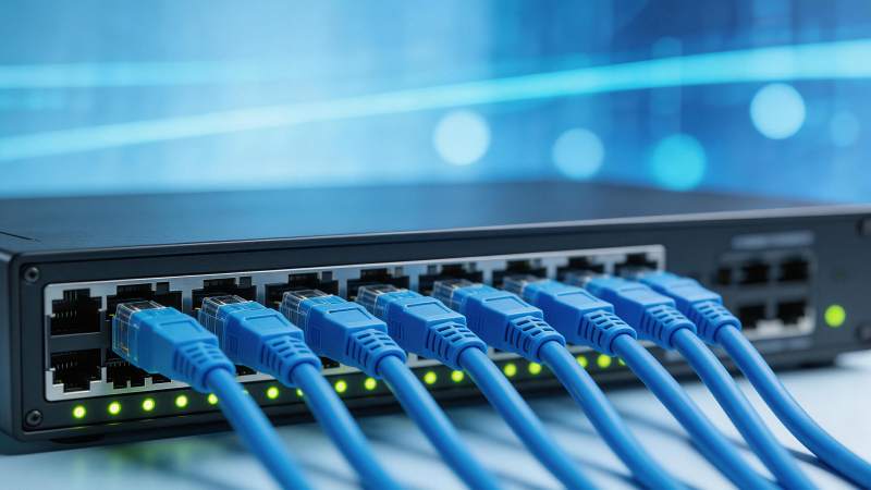 蓝色网线接入交换机端口特写图片