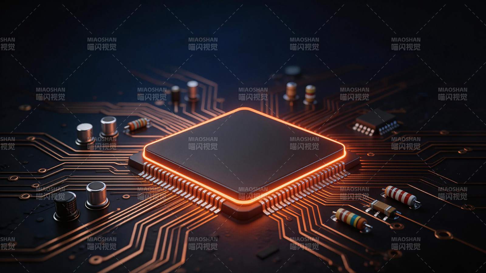 发光芯片置于电路板上的电子元件特写图片