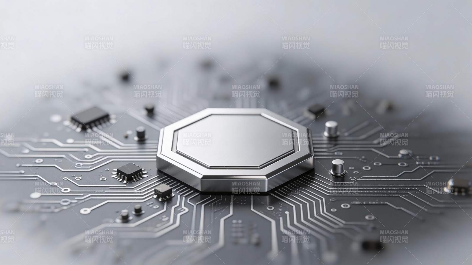 八角形芯片置于电路板中央特写图片