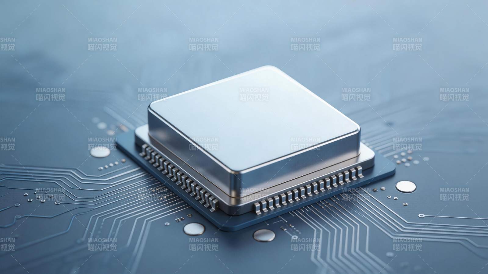 蓝色电路板上的方形金属芯片特写图片