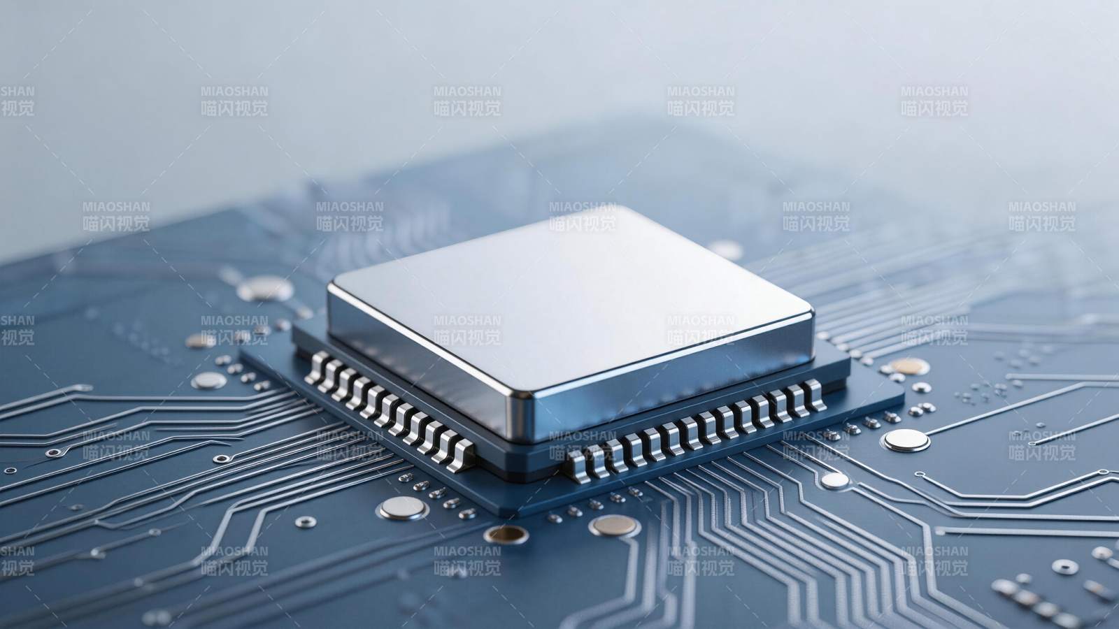 蓝色电路板上的方形芯片特写图片