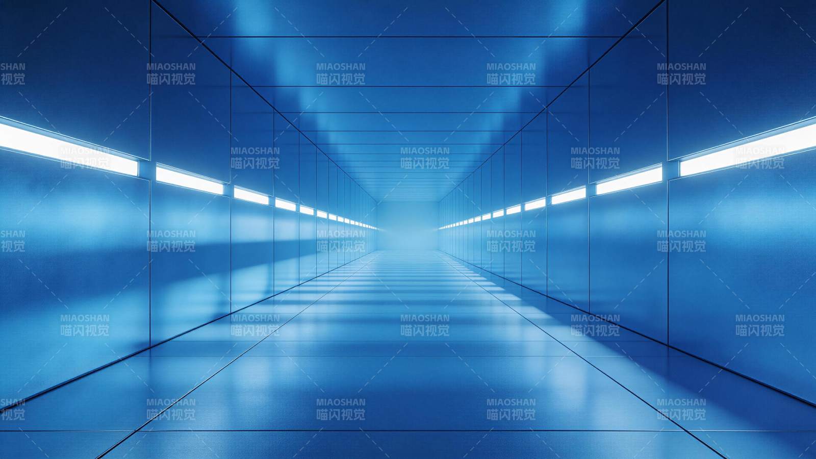 蓝色镜面长廊灯光延伸至远方图片