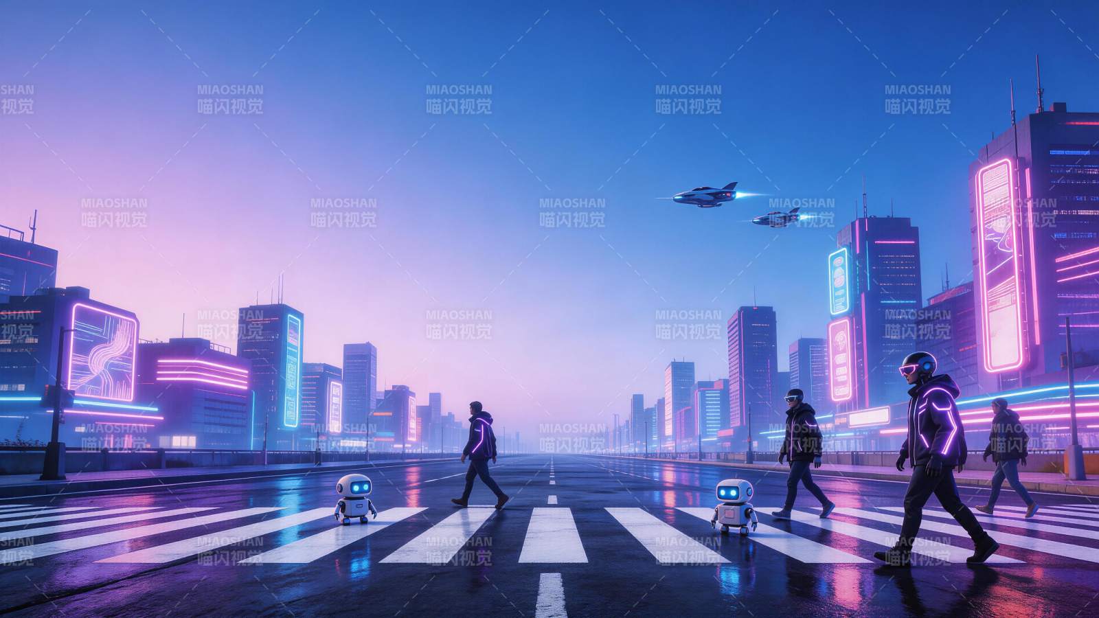 霓虹都市街头行人与机器人共行未来场景图片